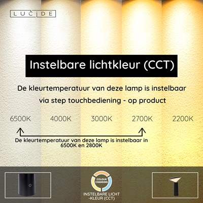 Lucide JIVE - Oplaadbare Tafellamp Binnen/Buiten - Accu/Batterij - Ø 13,7 cm - LED Dimb. - CCT - 1x3W 2800K/6500K - IP44 - Zwart